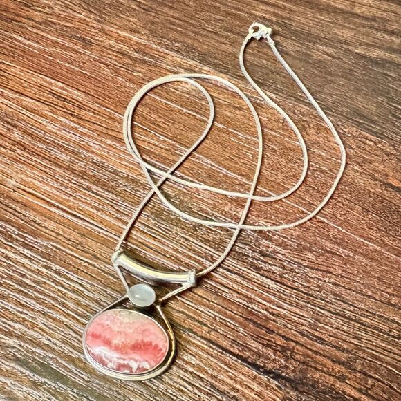 Sterling Silver Sajen Rhodochrosite Moonstone Slide Pendant Snake Chain Necklace - Picture 7 of 16